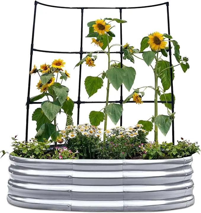 KING BIRD Raised Garden Bed with Wall Trellis Galvanized Planter Garden Box Outdoor for Gardening, Climbing Vegetables, Flowers 3.94x2.95x0.98 Ft, Silver by GreenHaven Gardens