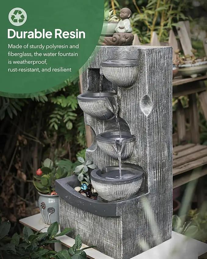 23.43" H Outdoor Water Fountain, 5 Tiers Bowls Garden Water Fountains with LED Light, Modern Natural Waterfall Fountain for Garden, Patio, Yard and Home Art Decor by GreenHaven Gardens