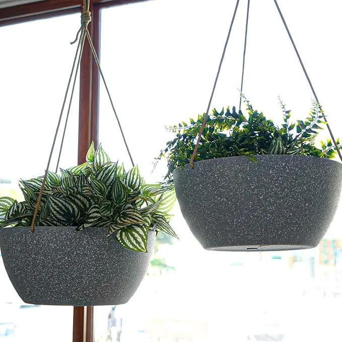 13 Inch 2 Pack Large Hanging Planters for Indoor Outdoor Plants, Plastic Hanging Basket Pots for House Plants Flowers, Grey by GreenHaven Gardens