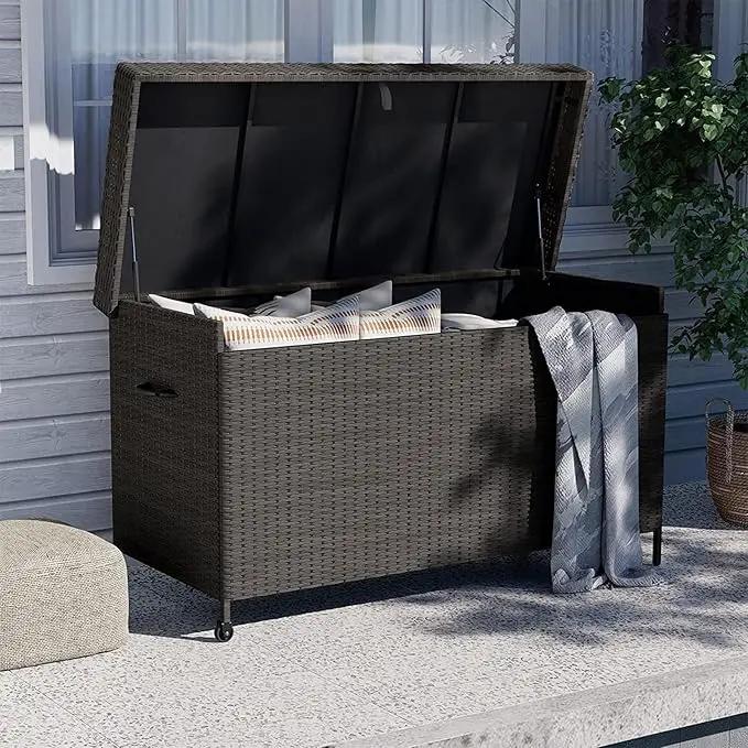 Grand patio 170 Gallon Deck Storage Box Deck Box Outdoor Storage Box Indoor Wicker Storage Bin Patio Storage Box for Patio Furniture Cushions Garden Tools Pool Accessories, Light Brown by GreenHaven Gardens