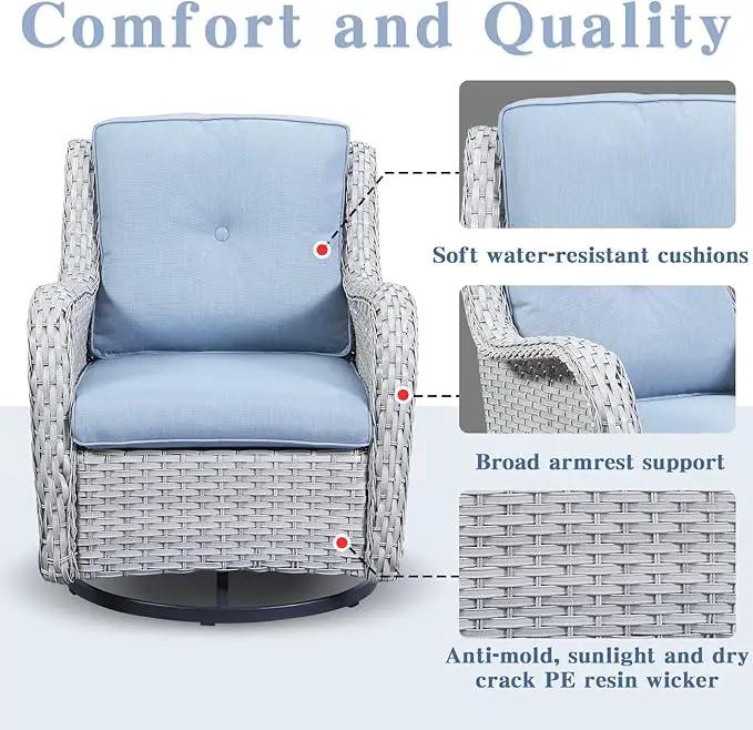 5 Piece Outdoor Patio Furniture Set - Wicker Furniture Patio Conversation Set, Outdoor Swivel Rocker Chairs with 3-Seater Sofa and 2 Ottomans for Small Space, Baby Blue Cushion by GreenHaven Gardens