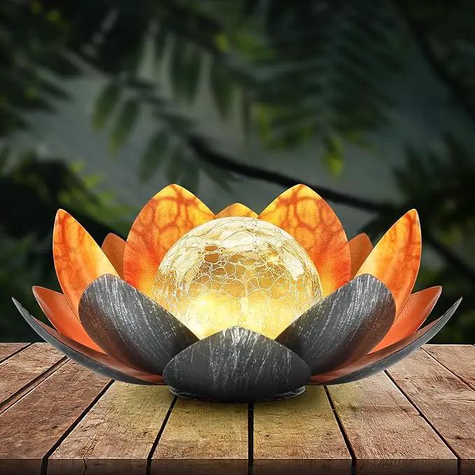 Outdoor Solar Lights, Garden Decor, Crackle Glass Globe, Waterproof Metal Lotus Flower Light for Patio, Lawn, Walkway, Tabletop, Ground by GreenHaven Gardens