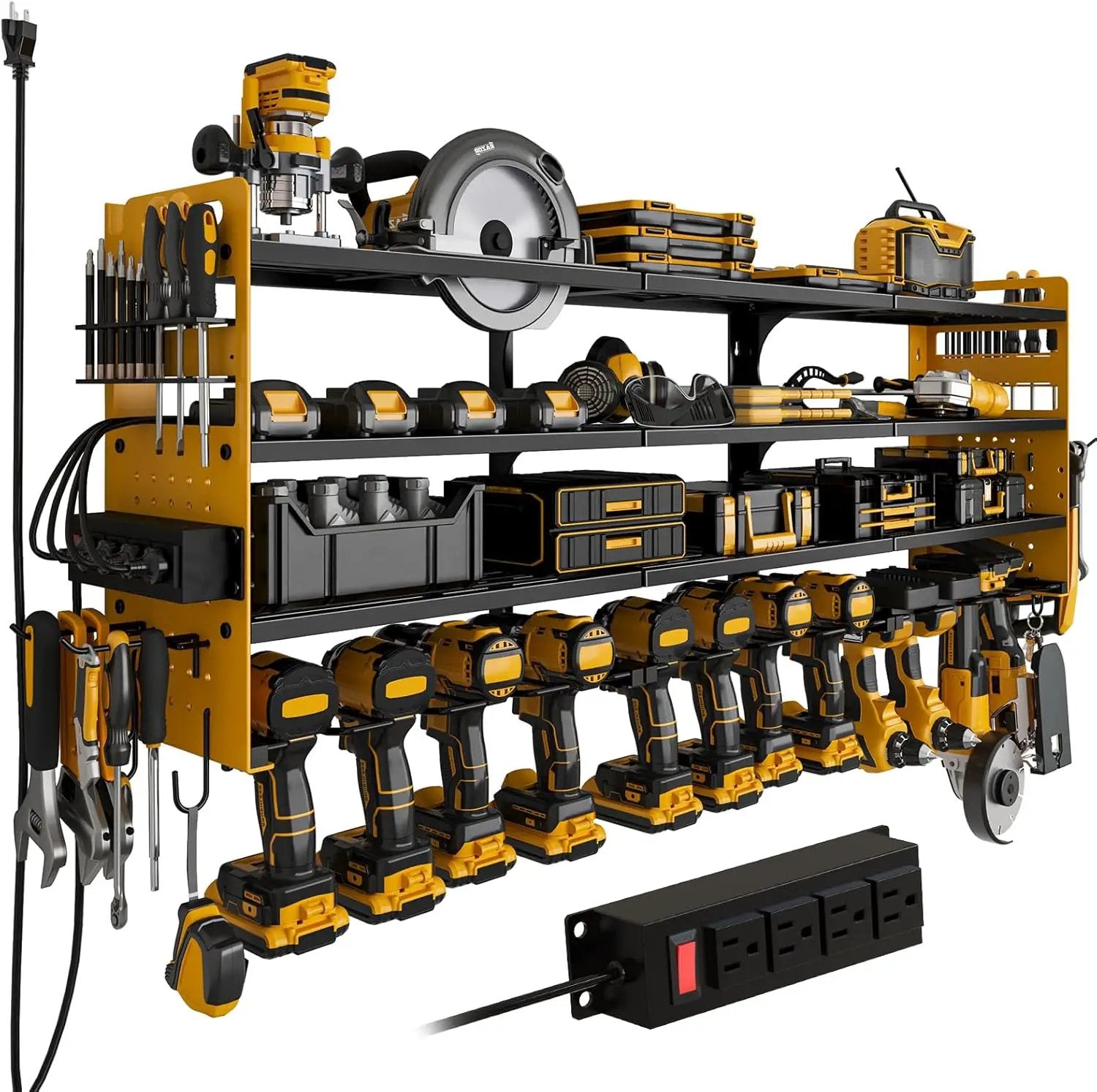 12 Cordless Drill Holder Large Power Tool Organizer Wall Mount with Side Pegboard & Screwdriver Holder, 4-Tier Heavy Duty Metal Tool Storage Rack with 4-Outlet Power Strip by GreenHaven Gardens