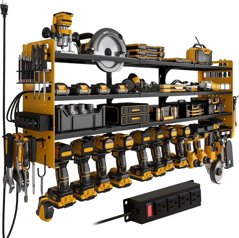 12 Cordless Drill Holder Large Power Tool Organizer Wall Mount with Side Pegboard & Screwdriver Holder, 4-Tier Heavy Duty Metal Tool Storage Rack with 4-Outlet Power Strip by GreenHaven Gardens