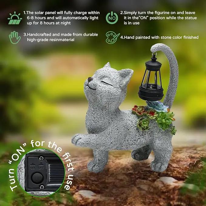 Solar Garden Outdoor Statues Cat with Succulent Solar Lantern, Lawn Decor Kitten Figurine for Patio Balcony Yard, Yard Unique Christmas Birthdays Gift for Mom Grandma by GreenHaven Gardens