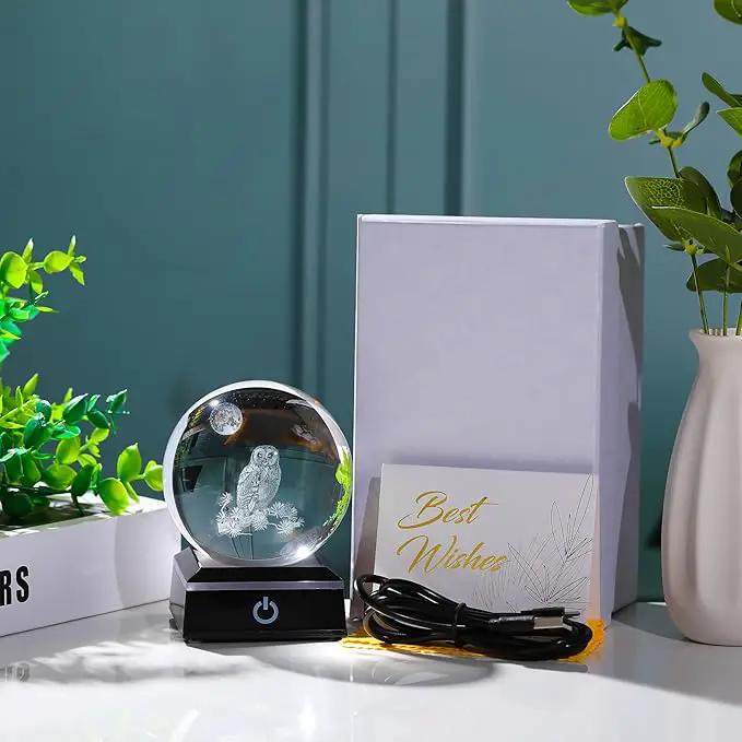 Qianwei Owl Gifts for Women 3D Crystal Ball 3.14'' - Laser Owl Decor Glass Animals Bird Figurines Statue Stuff for Room Decorations Bird Night Light by GreenHaven Gardens