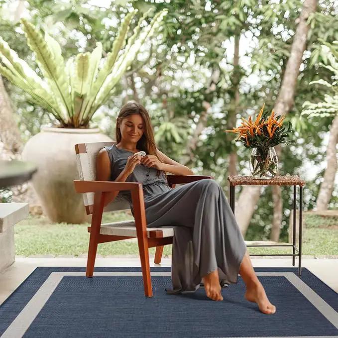 CAMILSON Outdoor Rug 8x10, Modern Outside Rugs for Patios Porches Waterproof Durable Washable Non-Shedding, Easy-to-Clean Indoor Outdoor Area Carpet (8 x 10, Bordered - Blue/White) by GreenHaven Gardens