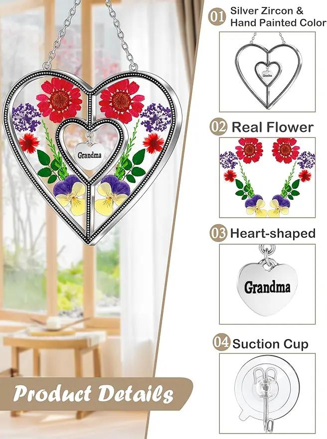 KY&BOSAM Heart Suncatchers Grandma Gift Ornament Stained Glass Sun Catcher Garden hangings Windows with Pressed Flower Heart Embedded in Glass Gifts for Grandma Mother`s Day Birthday Gifts by GreenHaven Gardens