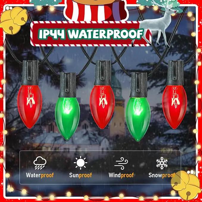 25FT Red and Green Christmas Lights,C9 Incandescent Christmas Lights with 26 Bulbs(1 Spare),Hanging Outdoor Christmas Lights for Home Garden Yard Xmas Tree House Decorations