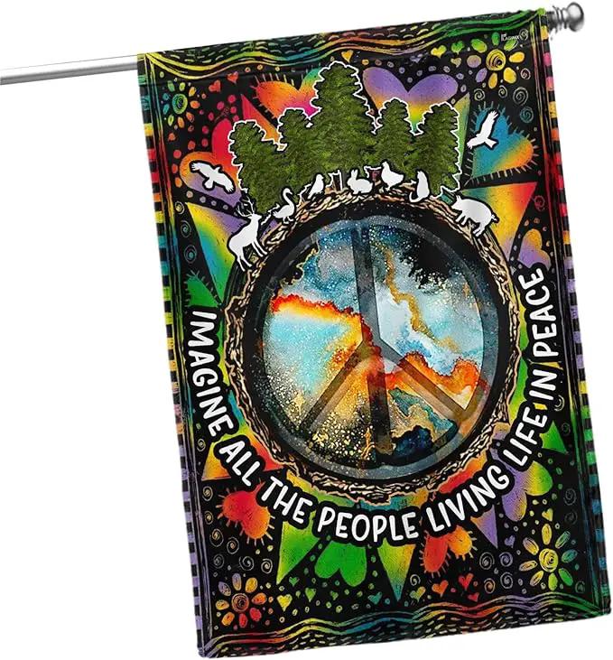 FLAGWIX All The People Living Life In Peace Hippie Flag - House Flag 30x40, Decorations For Home, Outside - Peace Sign, Boho, Hippie Decor, Double Sided, Heavy Duty Canvas Flag Indoor Outdoor by GreenHaven Gardens
