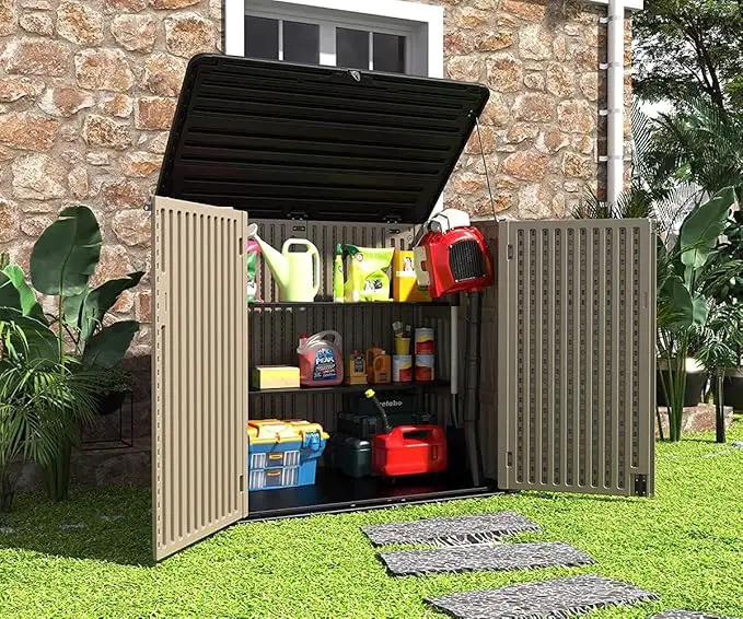 HOMSPARK Storage Shed Weather Resistance, Multi-Purpose Outdoor Storage Cabinet for Backyards and Patios, Horizontal Storage Shed for Lawnmower, Patio Accessories (Coffee, X Large - 48 cu.ft) by GreenHaven Gardens