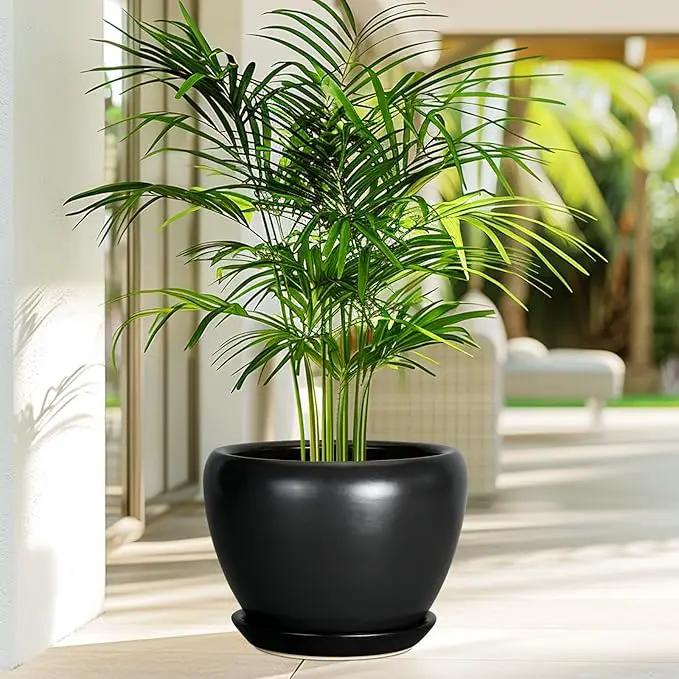 Ceramic Pot for Plants - 10 Inch Plant Pot Indoor with Drainage Hole and Saucer Large Planter Decorative Planter Modern Outdoor Flower Pot for House Balcony Black by GreenHaven Gardens