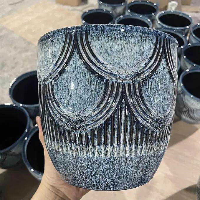 Plant Pots Indoor, Ceramic Planter, 6in Plant Pot, Plant Pots with Drainage Holes and Saucers, Flower Pots for Indoor Plants, Reactive Glaze Blue by GreenHaven Gardens