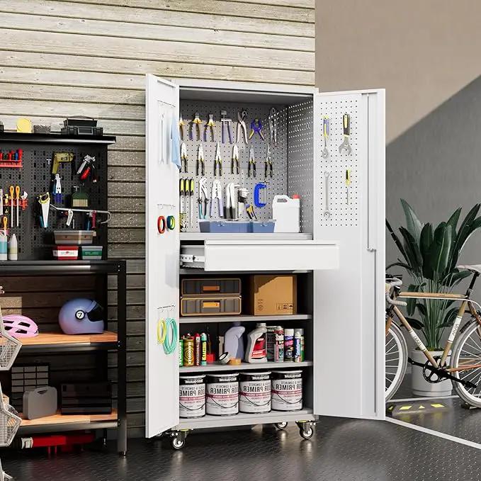 Garage Storage Cabinet with Locking Doors and 2 Adjustable Shelves, 71" H Metal Rolling Tool Storage Cabinet with Wheels, Drawer, Pegboard and 16 Hooks for Garage, Warehouse, White and Gray by GreenHaven Gardens