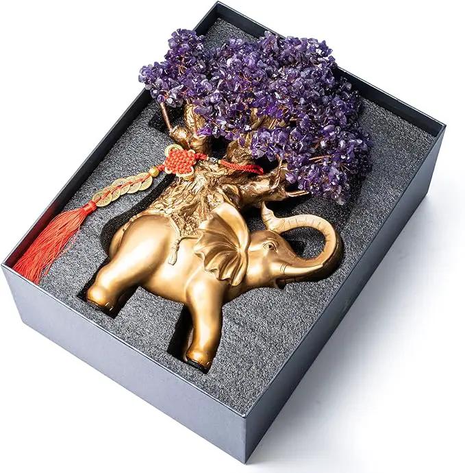 Amethyst Crystal Money Tree on Gold Elephant Statue, 17”Large Gemstone Bonsai Tree of Life Home Décor Gifts for Wealth Positive Energy, Feng Shui Décor by GreenHaven Gardens