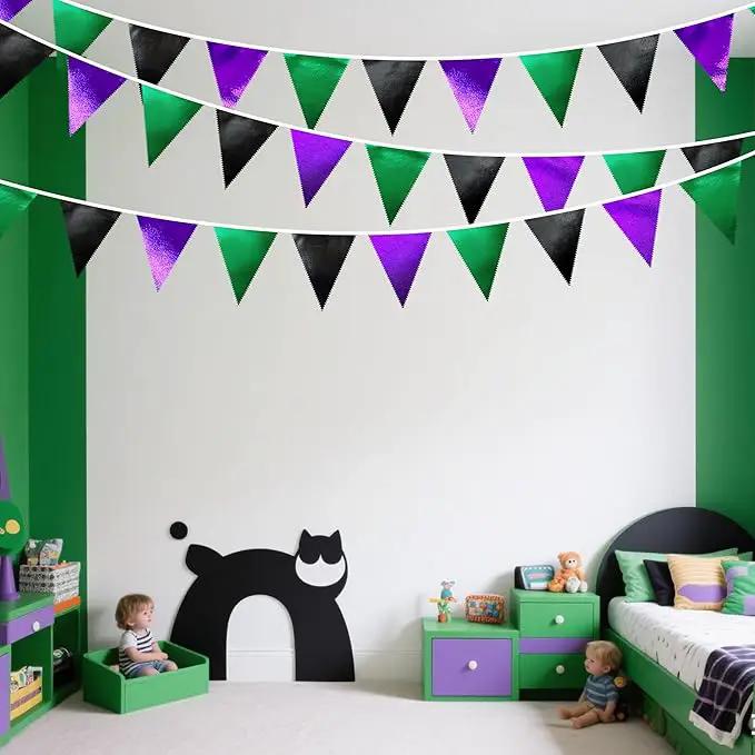 Black Purple Green Party Decorations Metallic Fabric Triangle Pennant Banner Flag Bunting for Boys Men Birthday Graduations Wedding Bachelorette Retirement Video Game Level Up Theme Party Supplies by GreenHaven Gardens