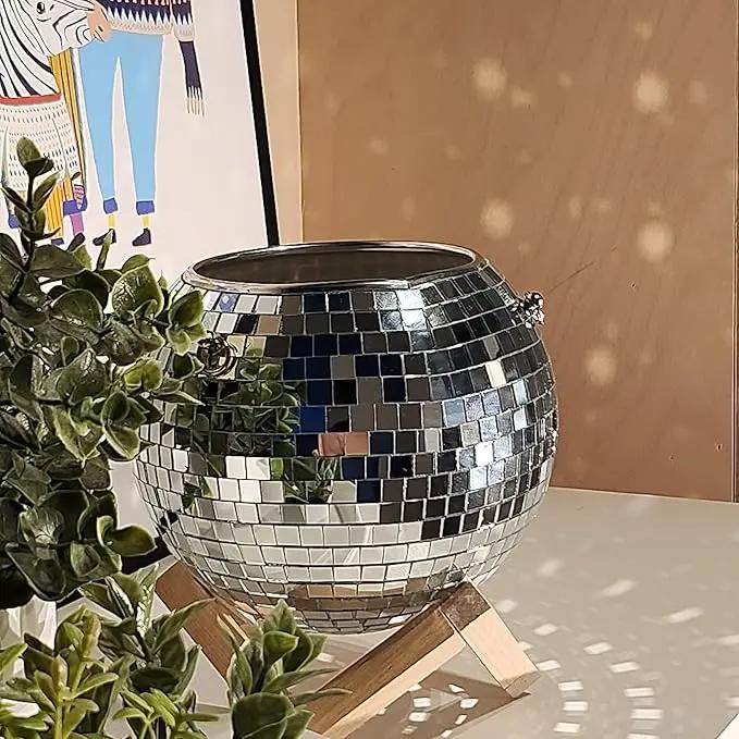 6" Disco Ball Planter – Rotating Mirror Planter with Macrame Hanger & Wooden Stand for Indoor and Outdoor Plants by GreenHaven Gardens