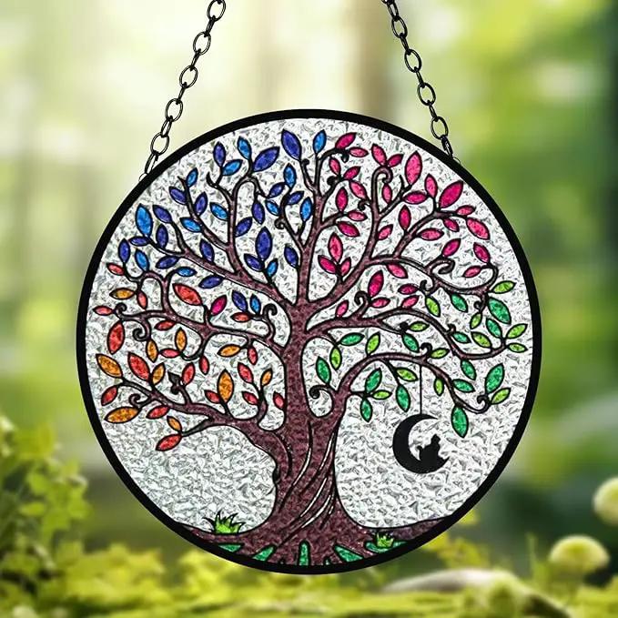 Artificial Trees of Life Suncatchers for Home Decorative Hanging Ornaments with Stick Hook for Window Hanging Hand-Painted Fake Plants Tree&Cat Memorial Gifts for Women 6.3'' * 6.3'' by GreenHaven Gardens