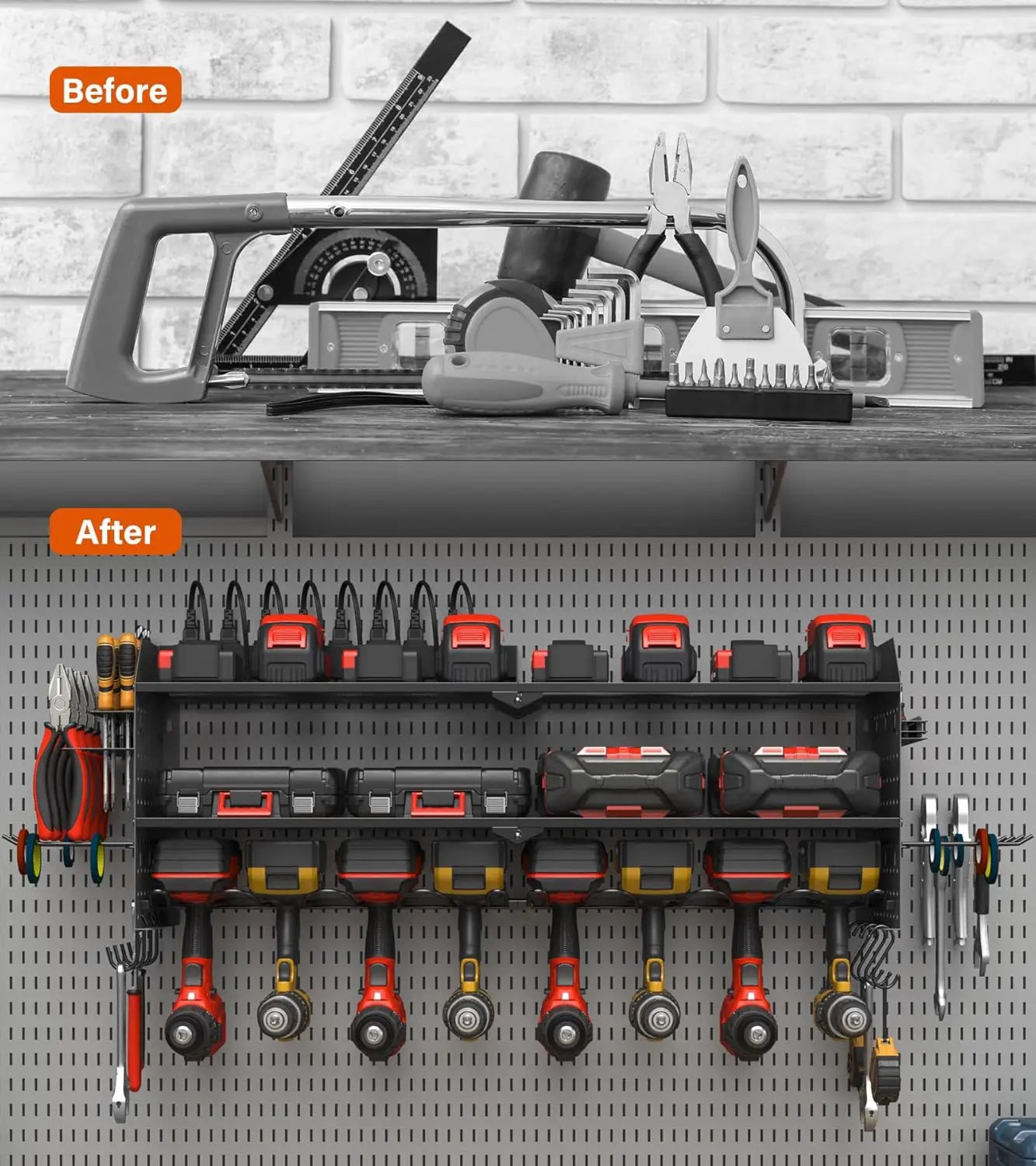 JUNNUJ Large Pegboard Power Tool Organizer with Charging Station, 8 Drills Driver and Tools Battery Holder Wall Mount with 8 Outlet 10 FT Power Strip, Black 3-Layer Shop Garage Storage Utility Rack by GreenHaven Gardens