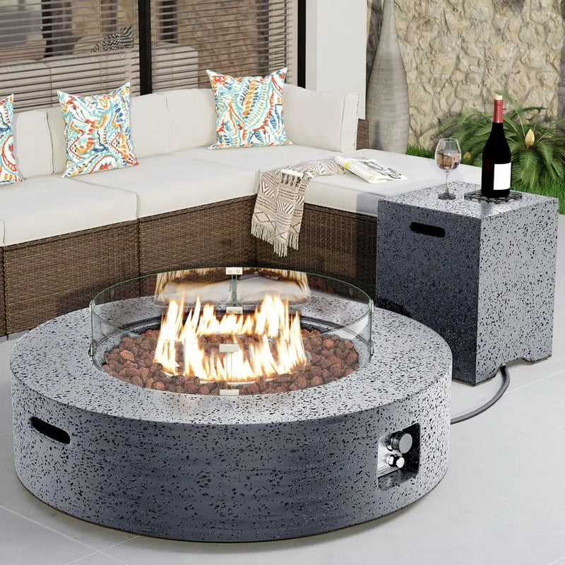 COSIEST 42 inch Outdoor Propane Fire Pit Coffee Table w Concrete Round Base Patio Heater, CSA Certified, 50,000 BTU Stainless Steel Burner, Free Lava Rocks, Rain Cover, Wind Guard, Tank Cover, Gray by GreenHaven Gardens