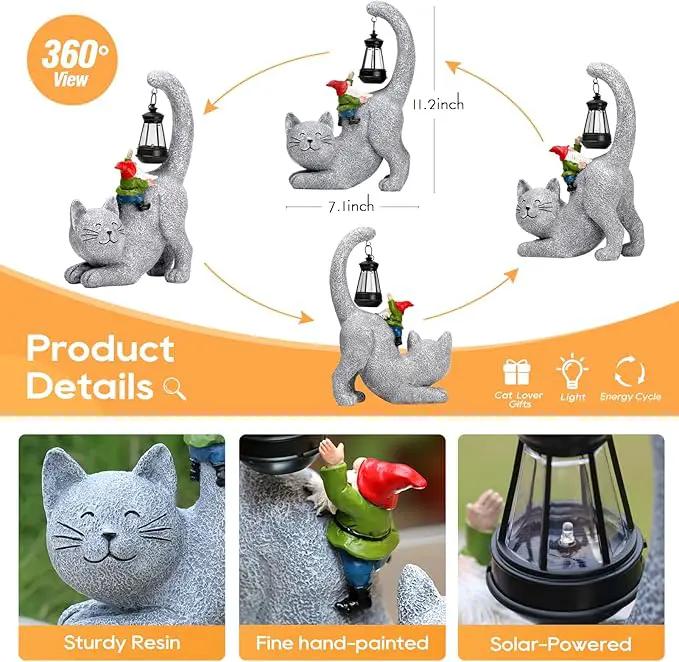 Cat Statue Garden Decor with Funny Gnome Figurine & Solar Lantern, Motherday Gifts for Mom,Birthday Gift for Women,Cat Statues for Garden,Patio,Yard Decoration, Gray, SR-C-003 by GreenHaven Gardens