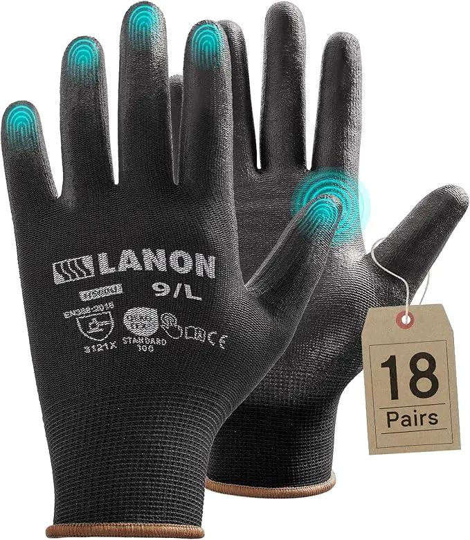 LANON Safety Work Gloves for Men and Women, 18 Pairs Mechanic Black Working Gloves with Grip Odorless PU Coated, Seamless Knit, Full Fingertip Touchscreen for Light Duty Working Gloves, Large by GreenHaven Gardens