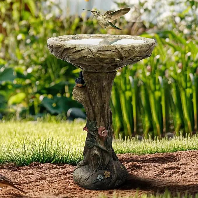 SunJet 25.5 Inch Heigh Wood-Look Concrete Bird Bath with Decorative Faux Bird – birdbath Rustic & Long-Lasting Design, Enhances Garden, Patio, Yard, Lawn Décor by GreenHaven Gardens