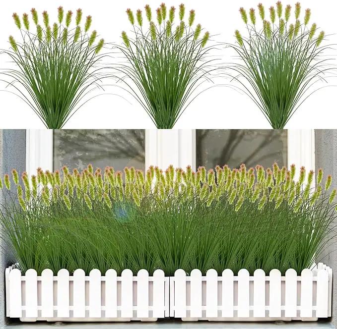 Artificial Grass Plants Outdoor 12 Bunches Fake Onion Grasses with Plush Fake Shrubs Plant Flowers Faux Greenery Wheat Sea Grass for Outside Garden Indoor House Home Office Room Décor (Green & Red） by GreenHaven Gardens