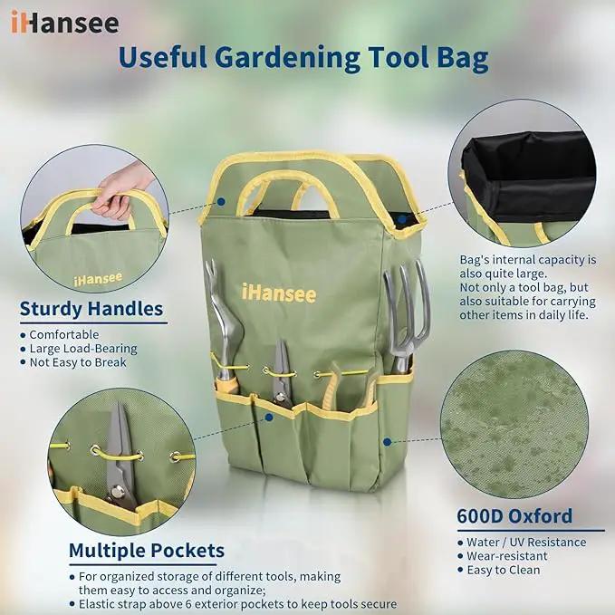 Set of 12 Garden Tool, iHansee Heavy-Duty Aluminum Gardening Hand Tools with Rubber Non-Slip Handle, Garden Apron, Gloves, Kneeling Pad and Storage Bag, Garden Hand Tools Starter Kit Landscaping Tools by GreenHaven Gardens