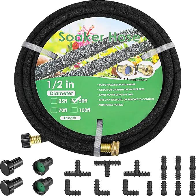MAMIZO Soaker Hose Kit 50 ft 1/2", Solid Brass Connectors Rubber Longer Lasting, Heavy Duty Drip Hose to Save 70% Water, Soaker Hose for Garden, Lawn and Yard by GreenHaven Gardens