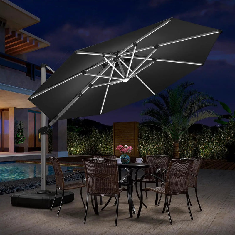 PURPLE LEAF 11ft Patio Umbrella With Base Solar powered LED Cantilever Umbrella with LED lights Windproof Outdoor Offset Umbrella for Garden Deck Pool Patio, Grey by GreenHaven Gardens