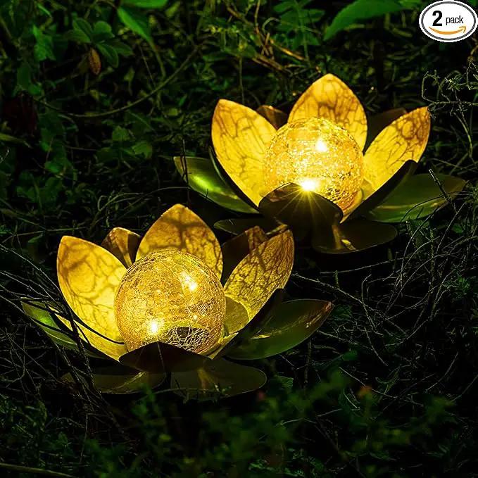 Garden Solar Lights Outdoor(2Pack) , Amber Crackle Globe Glass Lotus Decoration , Waterproof Orange Metal LED Flower Lights for Patio,Lawn,Walkway,Tabletop,Ground, Garden Gifts for Women by GreenHaven Gardens