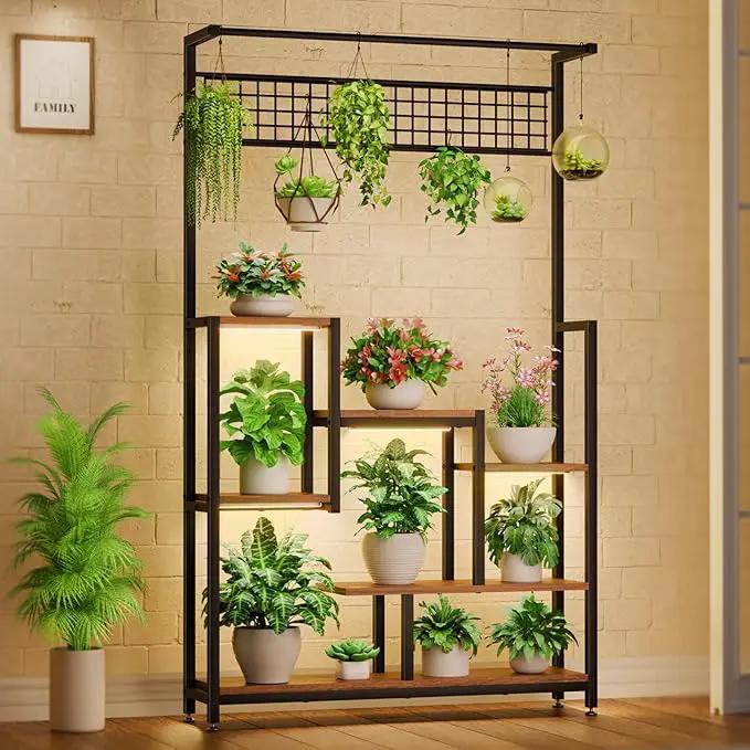 Tall Plant Stand Indoor with Grow Lights, 6 Tiered Metal Plant Stand for Indoor Plants Multiple, Large Plant Shelf Display Rack, Square Flower Plant Holder for Living Room, Patio (Black) by GreenHaven Gardens