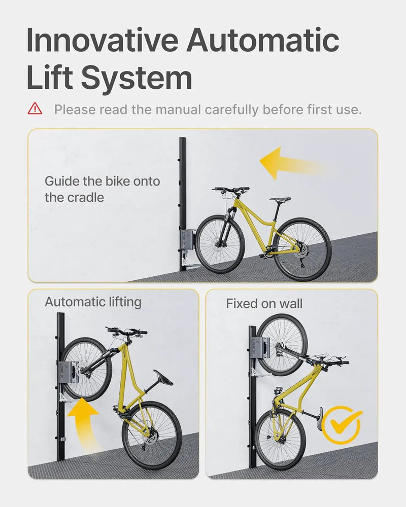monTEK Automatic Lift EBike Rack – Fits 24-29" Tires, Heavy-Duty Vertical Wall Rack for Bicycles (Up to 71 lbs) - Effortless Lifting, Easy Install - Space-Saving Storage for Garage, Shed, BG by GreenHaven Gardens