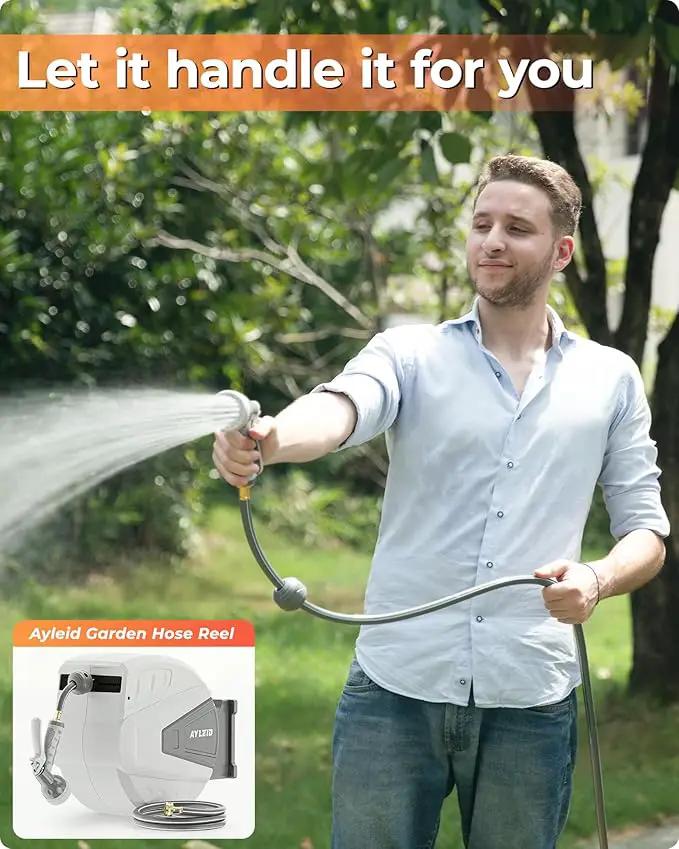 Ayleid Retractable Garden Hose Reel,5/8 in x 100 FT Wall Mounted Hose Reel, with 9- Function Sprayer Nozzle, Any Length Lock/Slow Return System/Wall Mounted/180°Swivel Bracket (Grey) by GreenHaven Gardens