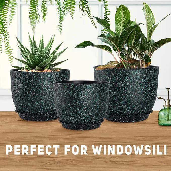 Plant Pots 10/9/8/7.5/7 inch Set of 5,Flower Pots with Multi Mesh Drainage Holes, Large Planters for Indoor Outdoor Garden Plants and Flowers. (Green Speckles) by GreenHaven Gardens