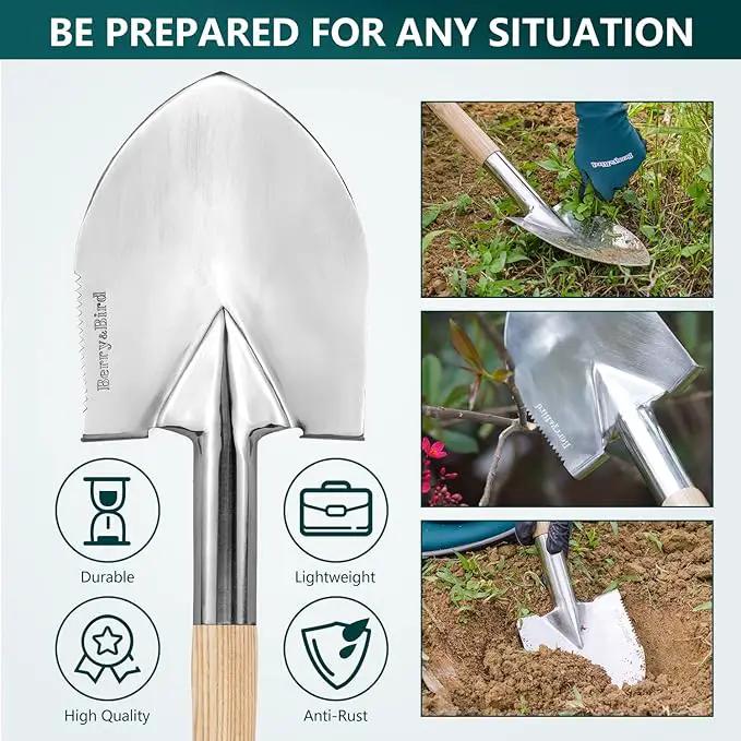 Berry&Bird Short Hand Shovel, 19.8’’ Digging Trowel for Gardening with Wood Handle Stainless Steel Round Point Spade Shovel with Serrated for Cutting, Transplanting & Weeding by GreenHaven Gardens