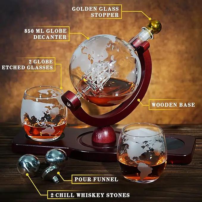 Gifts for Men Dad Fathers Day, PONPUR Whiskey Decanter Globe Set with 2 Ball Stones & 2 Glasses, Anniversary Birthday Gifts for Him Husband Boyfriend Brother, Cool Stuff Gift for Bourbon Scotch by GreenHaven Gardens