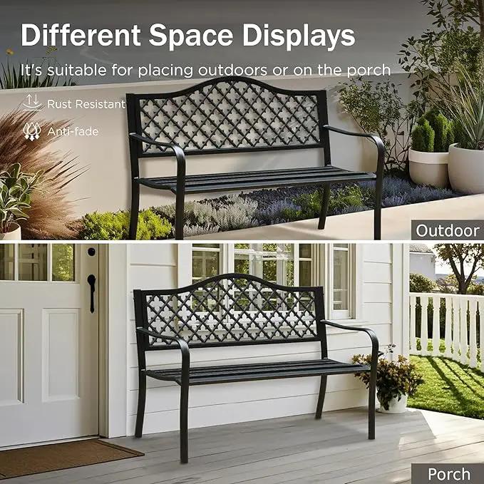 PHI VILLA 50" Outdoor Garden Patio Metal Bench for Outdoors with Plastic Backrest Armrests Sturdy Steel Frame, Black by GreenHaven Gardens