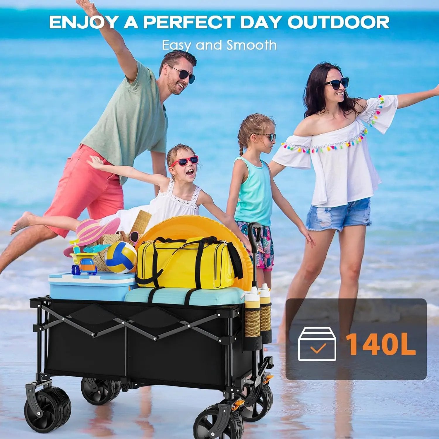 Collapsible Wagon Cart Heavy Duty Foldable, Folding Beach Wagon with Big Wheels for Sand, Utility Grocery Cart with Side Pocket and Brakes for Camping Sports Outdoor Activities, Black by GreenHaven Gardens