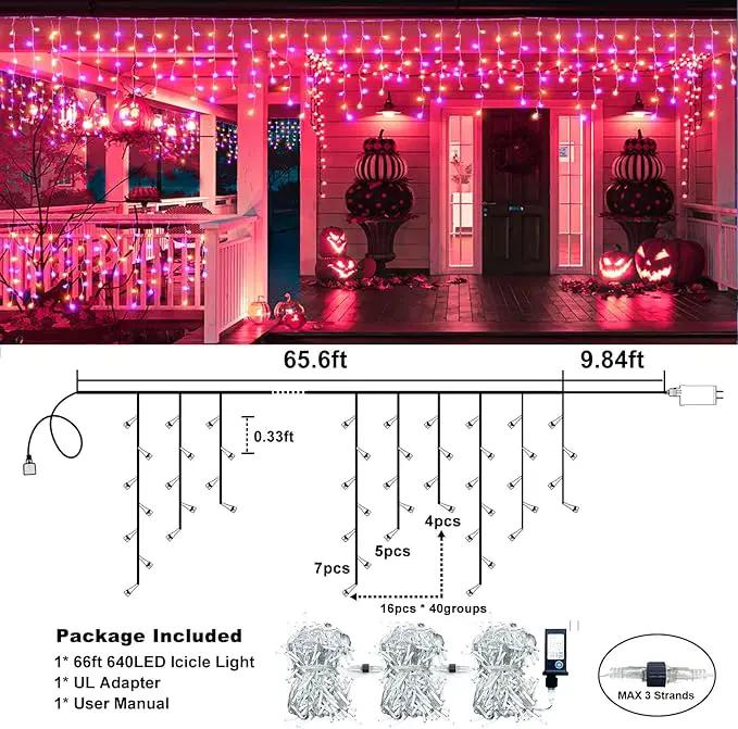 Christmas Icicle Lights Outdoor, 66ft 640 LED Icicle Lights for Outside with 8 Modes Timers, Waterproof Plug in Twinkle String Light for House Eave Patio Party Holiday Decorations, Purple Orange by GreenHaven Gardens