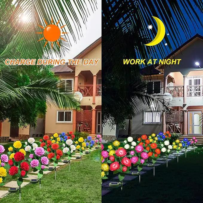 Solar Flower Lights Outdoor - Upgraded New Material Two Modes Realistic LED Solar Powered Waterproof Lights with 20 Roses, Solar Decorative Stake Lights for Garden (Blue, 4 Pack) by GreenHaven Gardens