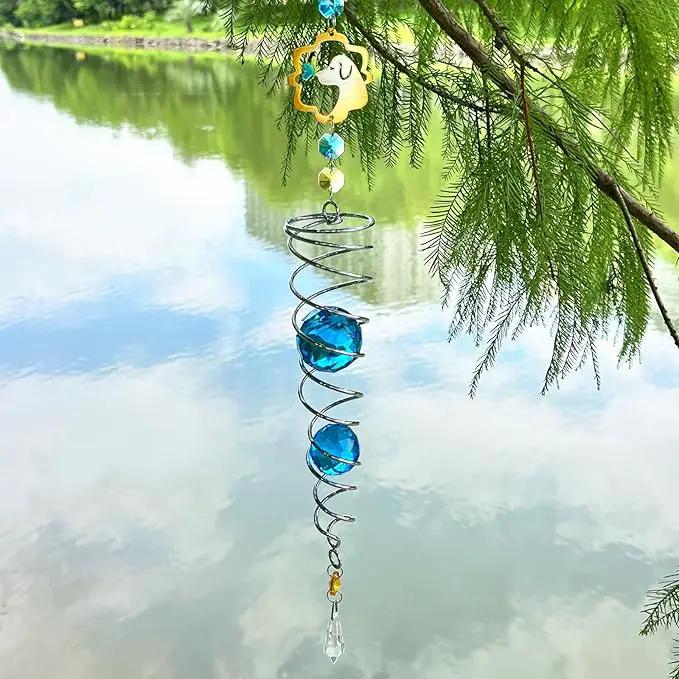 FONMY Dog Gazing Ball Spiral Tail Wind Spinner Sun Catcher Rainbow Maker Silver Double-Spiral W/Blue K9 Crystal Ball Tree Hanging Ornament Indoor Outdoor Garden Decor. -19.5inch H by GreenHaven Gardens