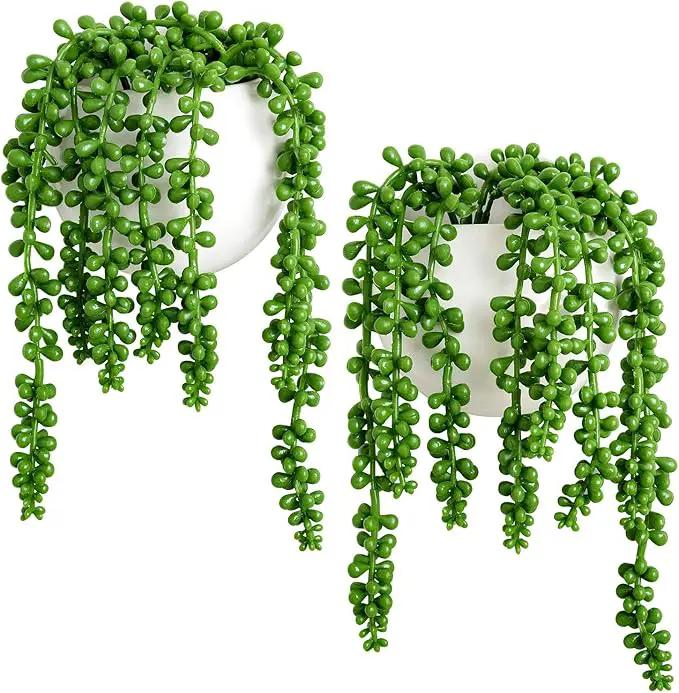 Dahey Wall Planters with Fake String of Pearls Plant Artificial Succulent Small Modern Ceramic Mounted Planter Round Hanging Wall Vase Display Holder for Indoor Garden Office Decor, Set of 2 by GreenHaven Gardens