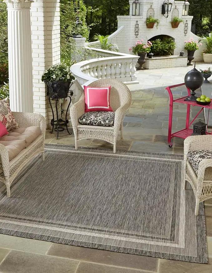 Unique Loom Outdoor Border Collection Area Rug - Soft Border (13' Square Black/Ivory) by GreenHaven Gardens