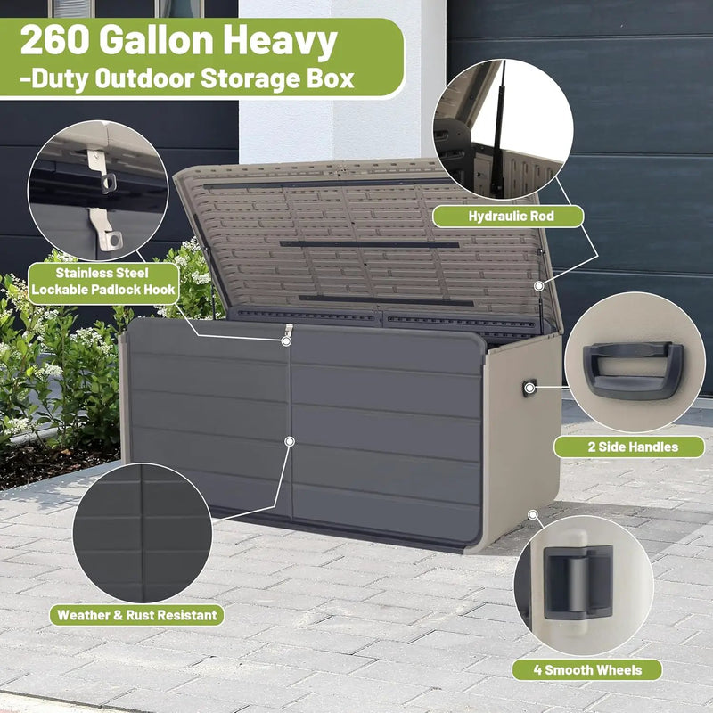 KUIKUI Deck Boxes Outdoor Waterproof, Large Outdoor Deck Box with Wheels Waterproof, 260 Gallon XXL Storage Box Lockable, Grey by GreenHaven Gardens