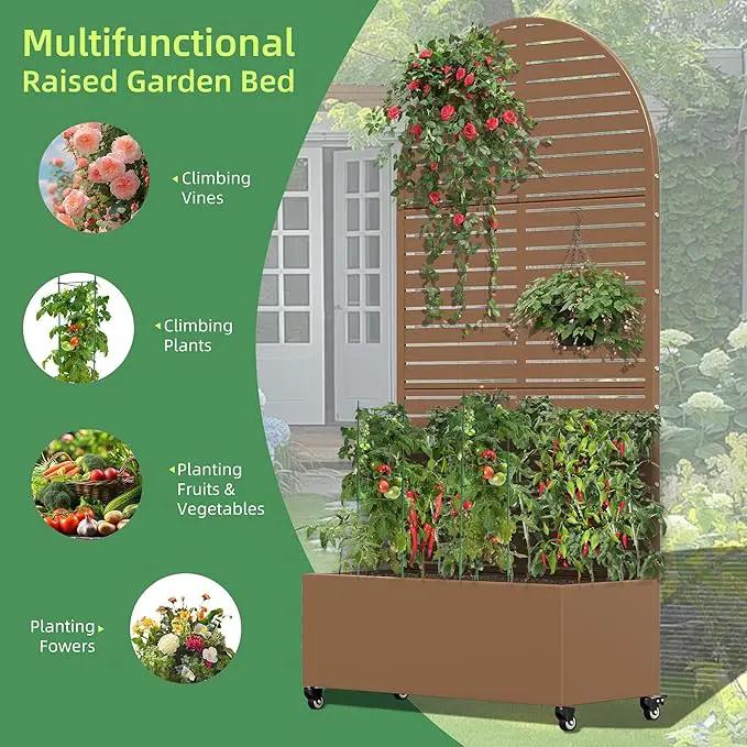 Casaphoria Metal Raised Garden Bed with Trellis and Wheels, 72"x35"x16" Arched Planter Box for Climbing Plants, Vegetables & Vines, Features Drainage Holes and Privacy Screen (Brown-Louvered) by GreenHaven Gardens
