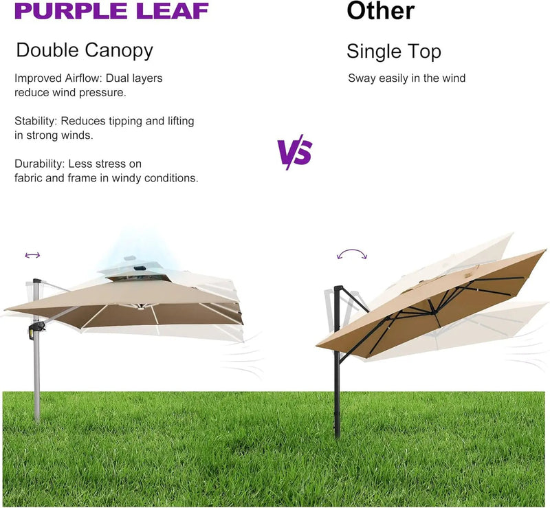 PURPLE LEAF 10 Feet Double Top Deluxe Solar Powered LED Square Patio Umbrella Offset Hanging Umbrella Outdoor Market Umbrella Garden Umbrella, Beige by GreenHaven Gardens