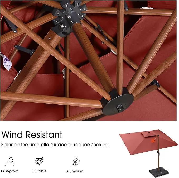 PURPLE LEAF 9' X 12' Double Top Deluxe Wood Pattern Rectangle Patio Umbrella with Base Offset Hanging Umbrella Outdoor Market Umbrella Garden Umbrella, Brick Red by GreenHaven Gardens