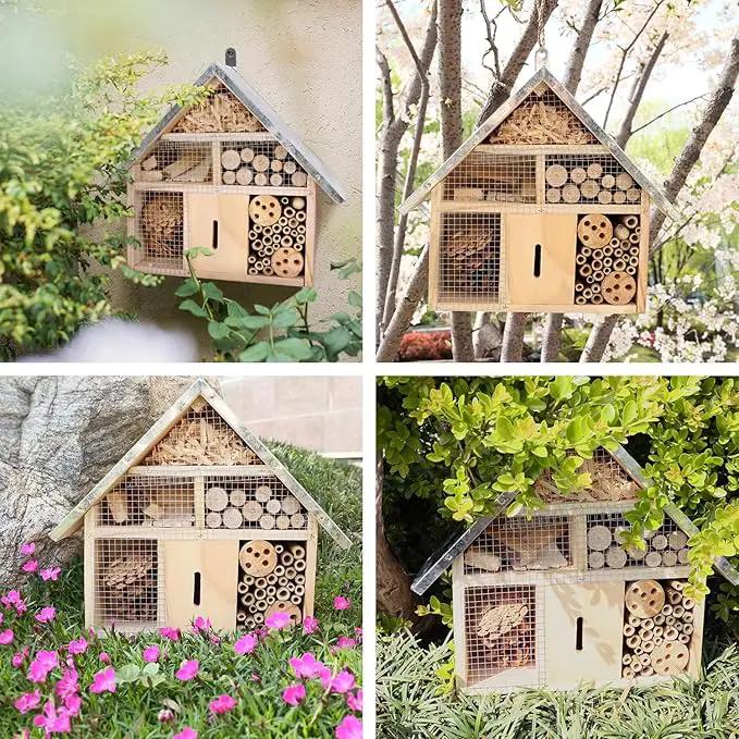 antiai Wooden Mason Insect Bee Butterfly House,Insect Hotel,an Outdoor Hanging Bamboo Habitat for Ladybugs Live,Bee Box,Butterfly Habitat for Garden,12.4 x 12 x 3.9 Inch by GreenHaven Gardens